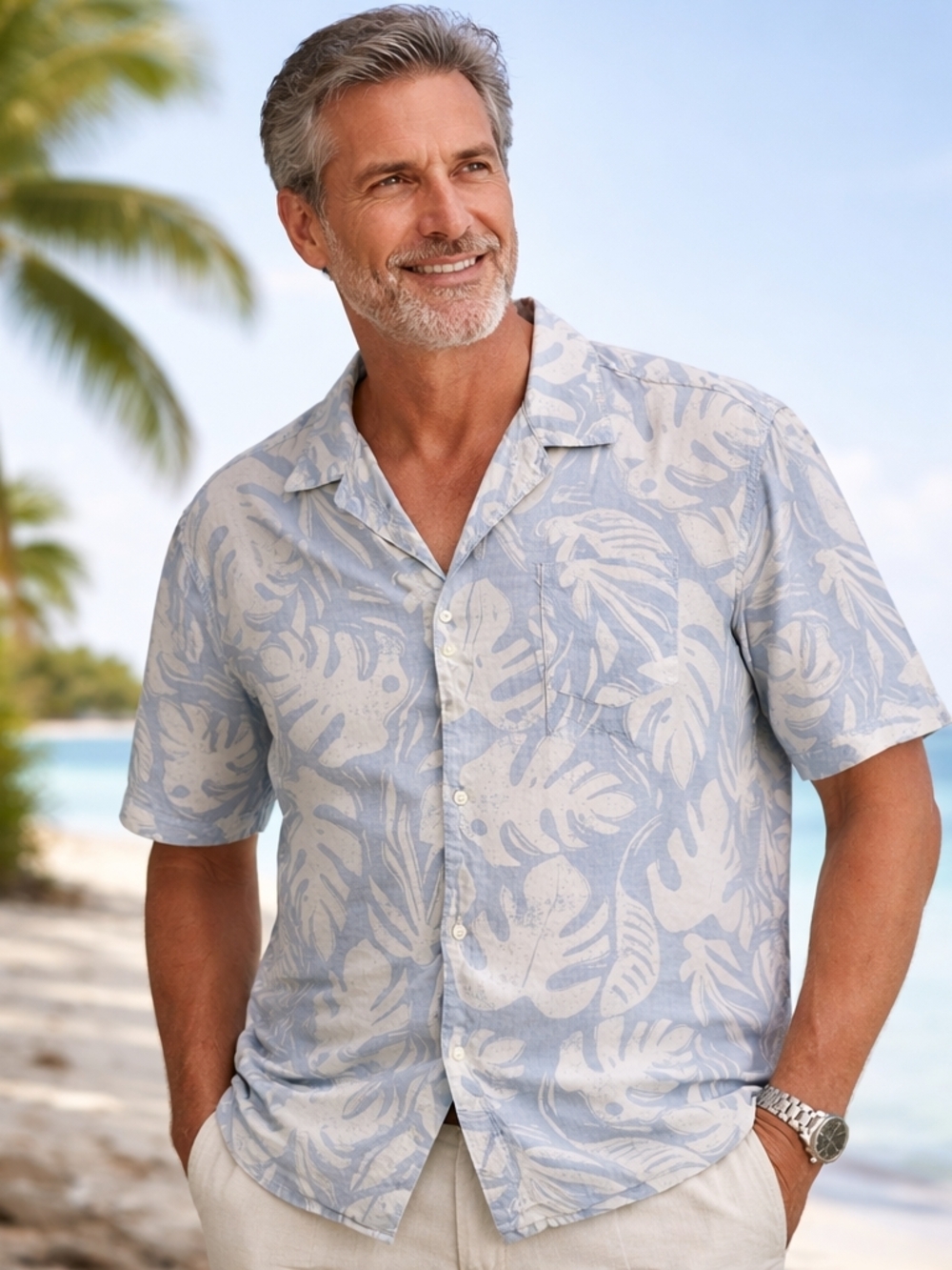 Men’s Sonoma Size XL Blue Hawaiian Tropical Leaf Short Sleeve Button Up Shirt